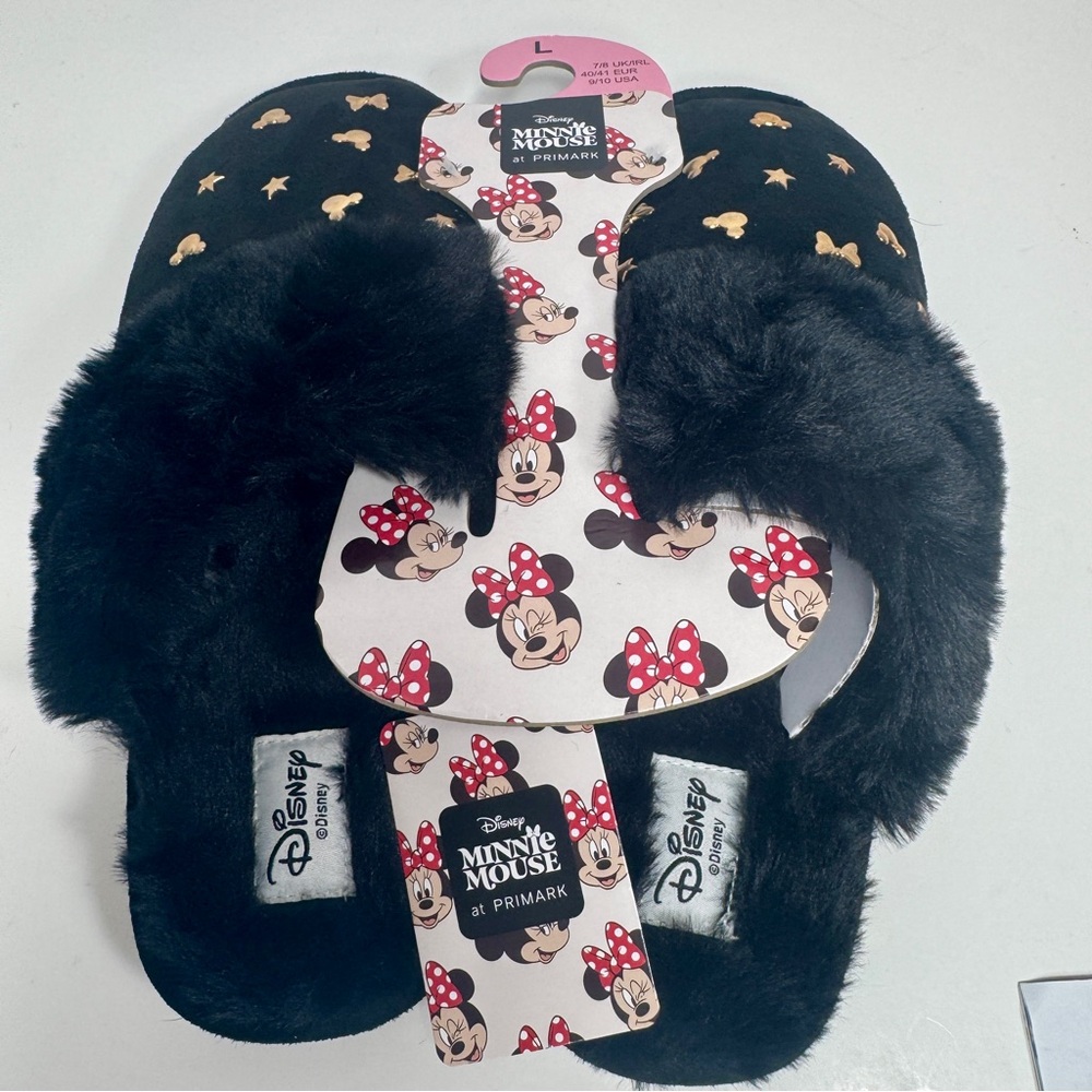 Disney Minnie Mouse Fluffy Slippers Primark Women's Black Faux Fur Sz 9/10 NWT